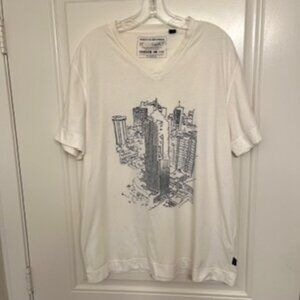 Boss Hugo Boss V-Neck T-shirt.  XL, 100% cotton, White with city pattern